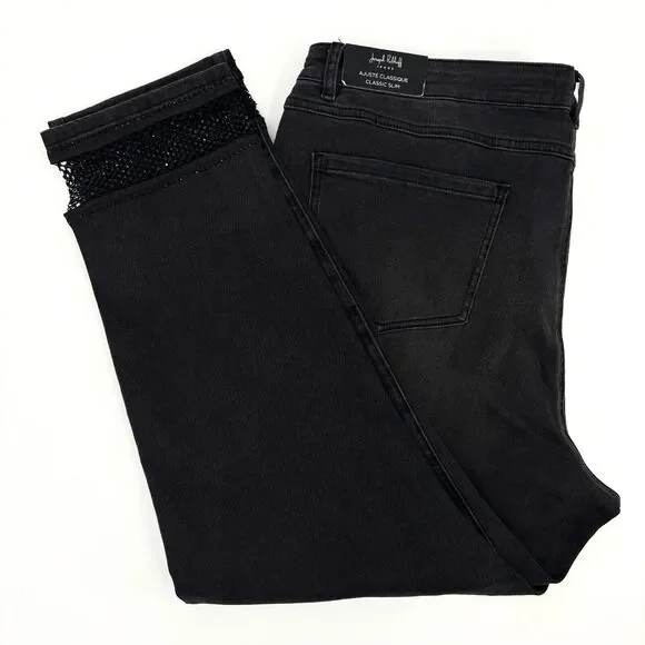 Joseph Ribkoff Women 22 Charcoal Grey Embellished FishNet Cuff Classic Slim Jean - Picture 8 of 15